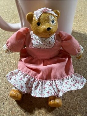 Vintage 1990s Mini Porcelain Teddy Bear Doll Russ Berrie Pink Dress 5”